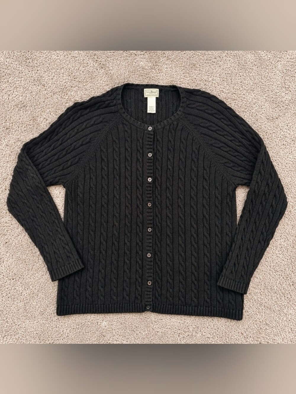 L.L.Bean Womens XL Cable Knit Cardigan Sweater Black 100% Cotton